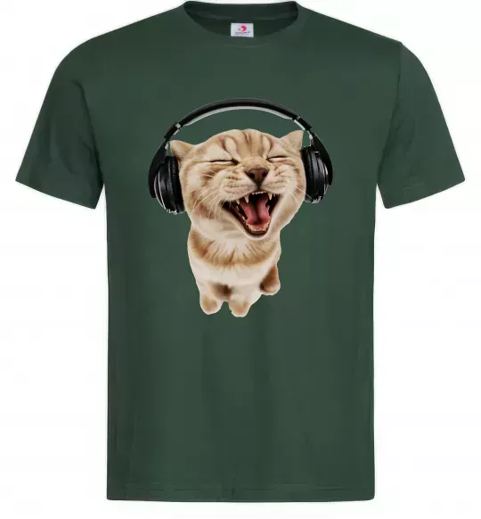 Чоловіча футболка Кіт в навушниках Темно-зелений фото