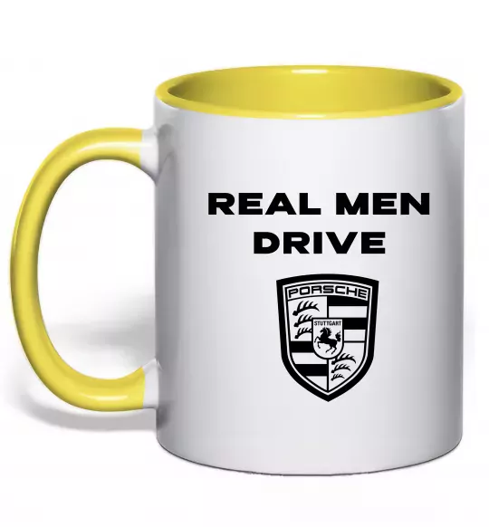 Чашка з кольоровою ручкою Real men drive porsche Сонячно жовтий фото