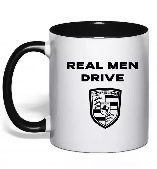 Чашка з кольоровою ручкою Real men drive porsche Чорний фото