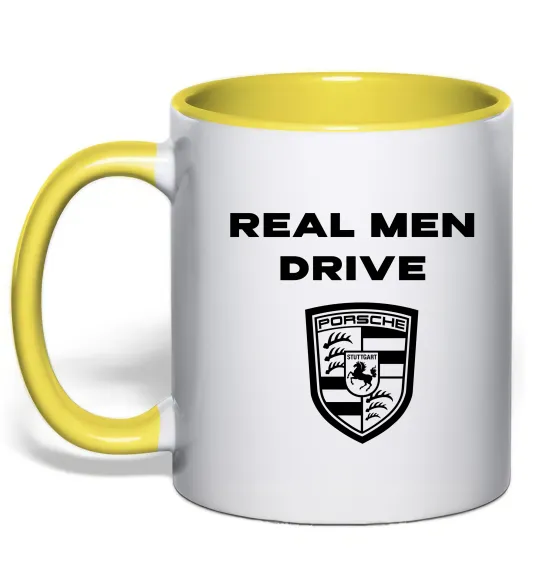 Чашка с цветной ручкой Real men drive porsche Лимонный фото