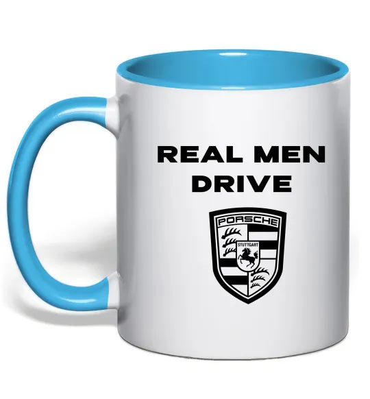 Чашка з кольоровою ручкою Real men drive porsche Блакитний фото