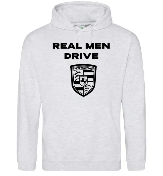 Мужская толстовка (худи) Real men drive porsche Серый меланж фото