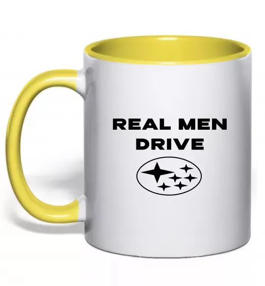 Чашка з кольоровою ручкою Real men drive Subaru Сонячно жовтий фото