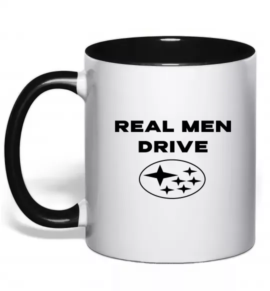 Чашка з кольоровою ручкою Real men drive Subaru Чорний фото