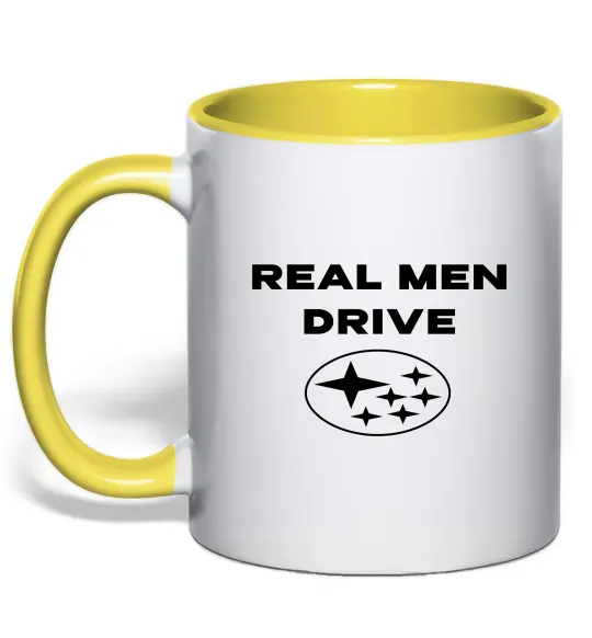 Чашка з кольоровою ручкою Real men drive Subaru Лимонний фото