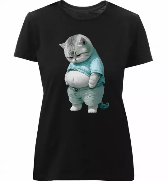 Жіноча преміум футболка Кіт з животом Чорний фото