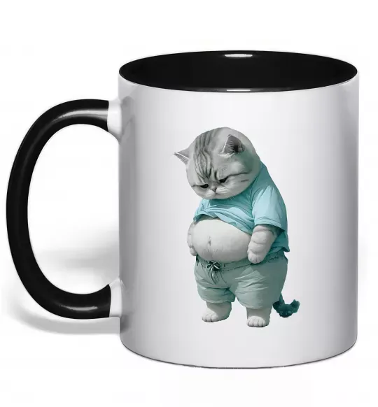 Чашка з кольоровою ручкою Кіт з животом Чорний фото