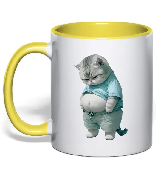 Чашка з кольоровою ручкою Кіт з животом Лимонний фото