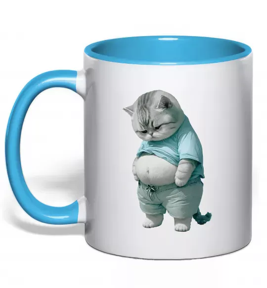 Чашка з кольоровою ручкою Кіт з животом Блакитний фото