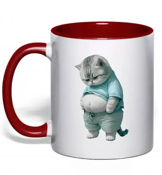 Чашка з кольоровою ручкою Кіт з животом Червоний фото