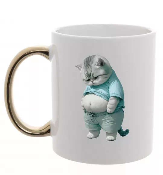 Чашка з кольоровою ручкою Кіт з животом Золото фото