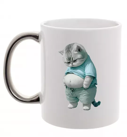 Чашка з кольоровою ручкою Кіт з животом Срібло фото