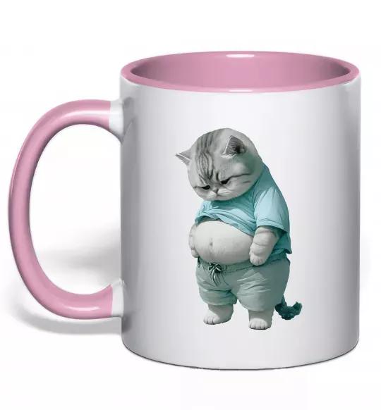 Чашка з кольоровою ручкою Кіт з животом Ніжно рожевий фото