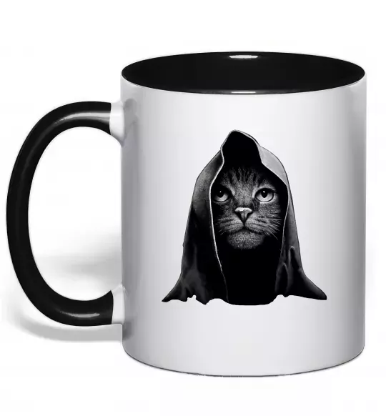 Чашка з кольоровою ручкою Кіт в капюшоні Чорний фото