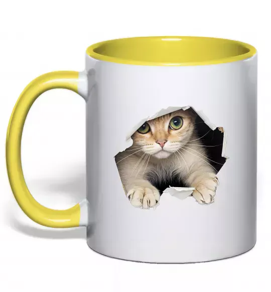 Чашка с цветной ручкой Кіт крізь дірку Солнечно желтый фото