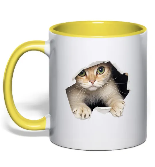 Чашка с цветной ручкой Кіт крізь дірку Лимонный фото