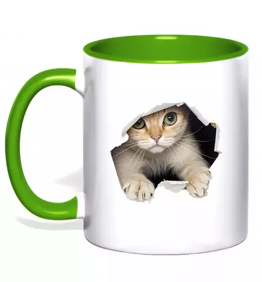 Чашка с цветной ручкой Кіт крізь дірку Зеленый фото
