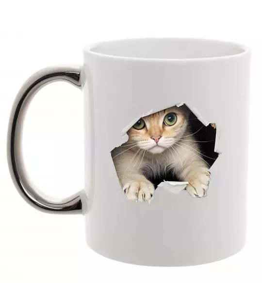 Чашка с цветной ручкой Кіт крізь дірку Серебро фото