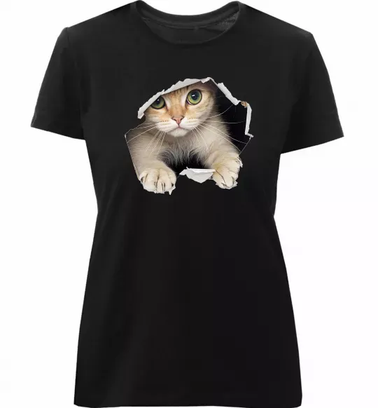 Женская премиум футболка Кіт крізь дірку Черный фото