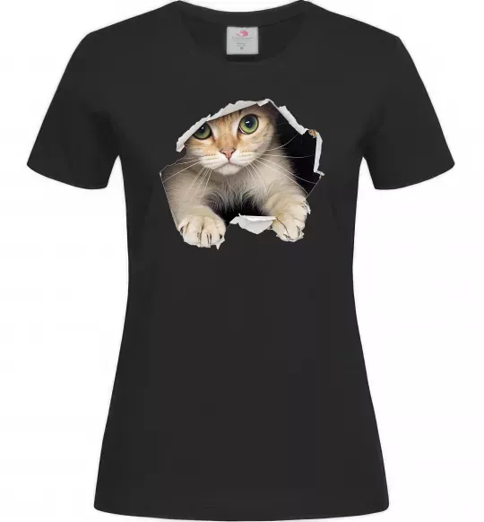 Жіноча футболка Кіт крізь дірку Чорний фото