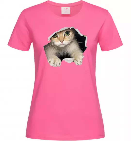 Жіноча футболка Кіт крізь дірку Яскраво-рожевий фото