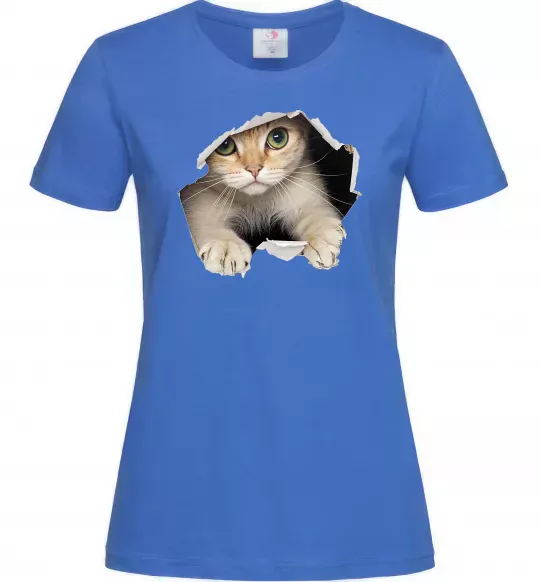 Жіноча футболка Кіт крізь дірку Яскраво-синій фото
