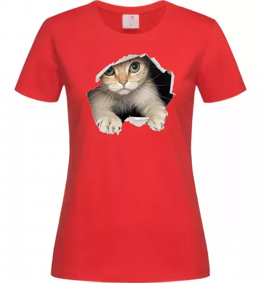 Жіноча футболка Кіт крізь дірку Червоний фото