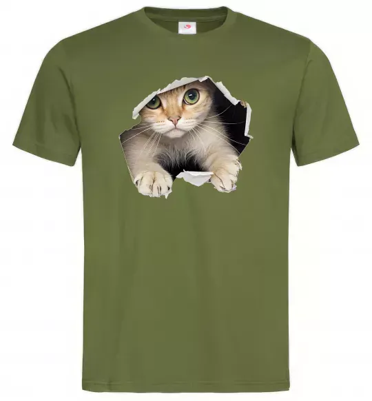 Чоловіча футболка Кіт крізь дірку Оливковий фото