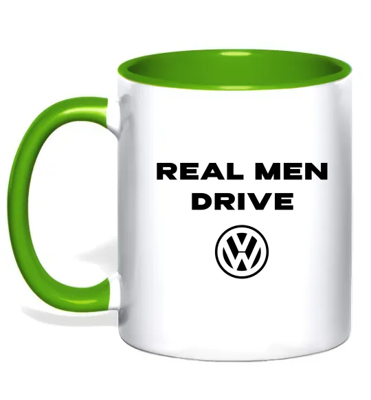 Чашка с цветной ручкой Real men drive Volkswagen Лаймовый фото