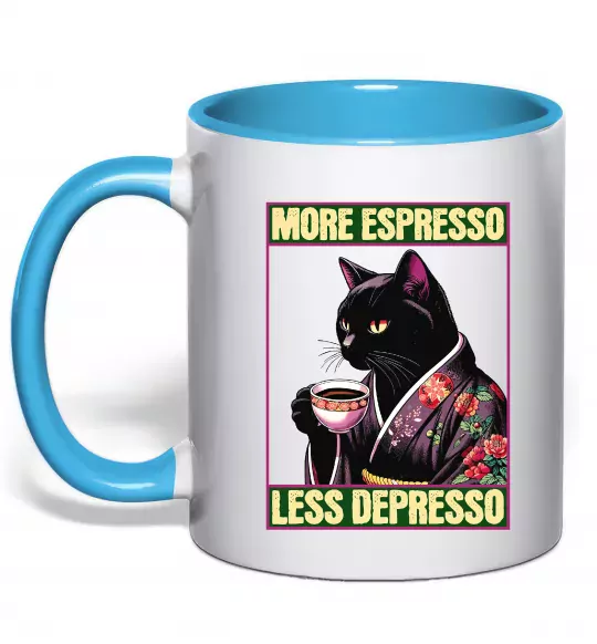 Чашка з кольоровою ручкою More espresso less depresso Блакитний фото
