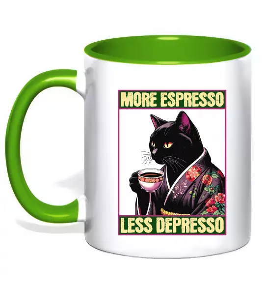 Чашка з кольоровою ручкою More espresso less depresso Зелений фото