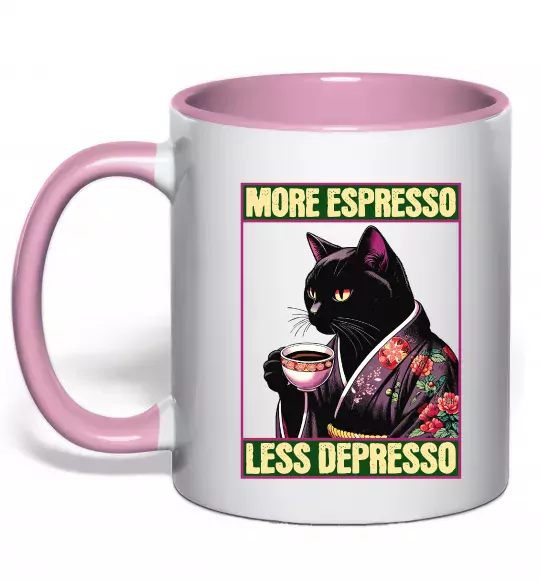 Чашка з кольоровою ручкою More espresso less depresso Ніжно рожевий фото