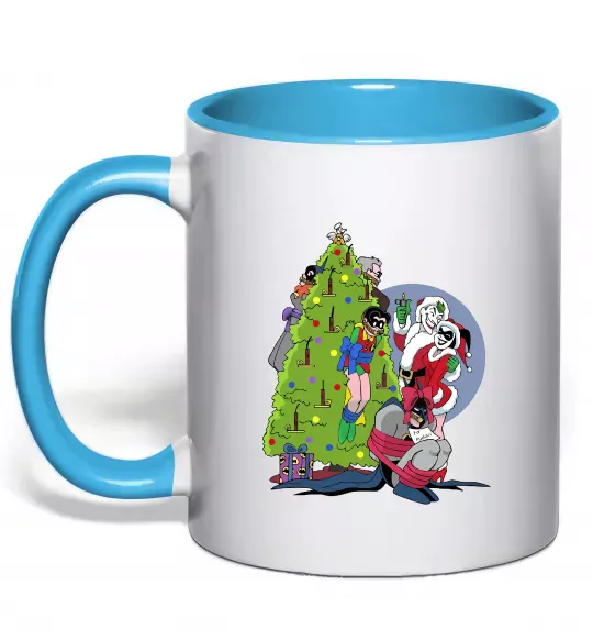 Чашка з кольоровою ручкою Бетмен та Джокер Новий рік Блакитний фото