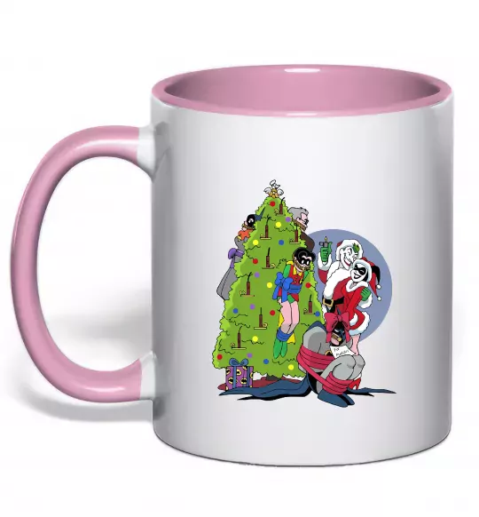 Чашка з кольоровою ручкою Бетмен та Джокер Новий рік Ніжно рожевий фото