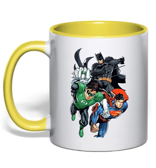 Чашка з кольоровою ручкою Зелений ліхтар, Бетмен та Супермен Лимонний фото