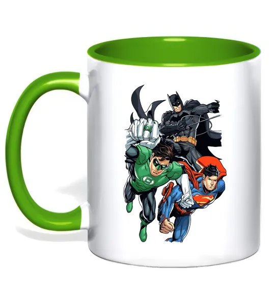 Чашка з кольоровою ручкою Зелений ліхтар, Бетмен та Супермен Лаймовий фото
