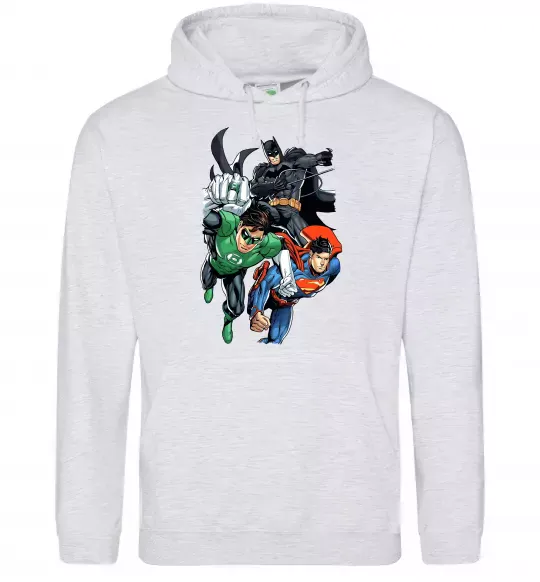 Чоловіча толстовка (худі) Зелений ліхтар, Бетмен та Супермен Сірий меланж фото