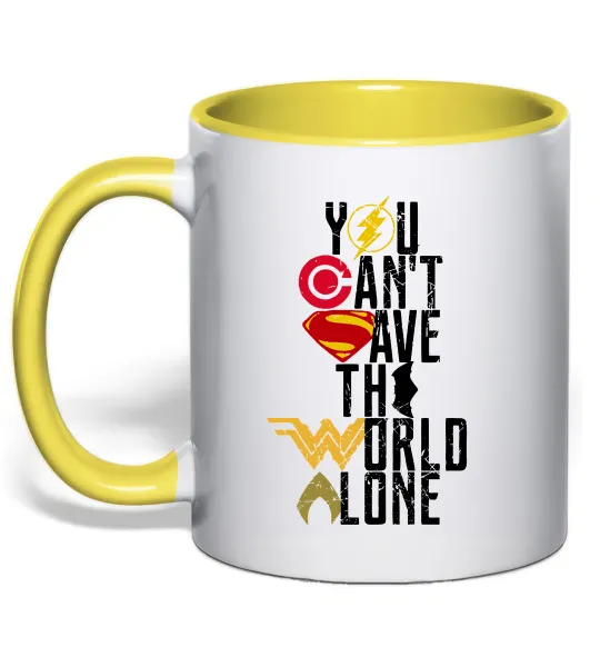 Чашка с цветной ручкой You can`t save the world alone Лимонный фото