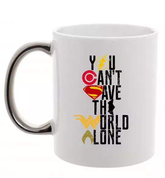 Чашка з кольоровою ручкою You can`t save the world alone Срібло фото