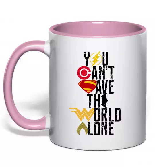 Чашка з кольоровою ручкою You can`t save the world alone Ніжно рожевий фото