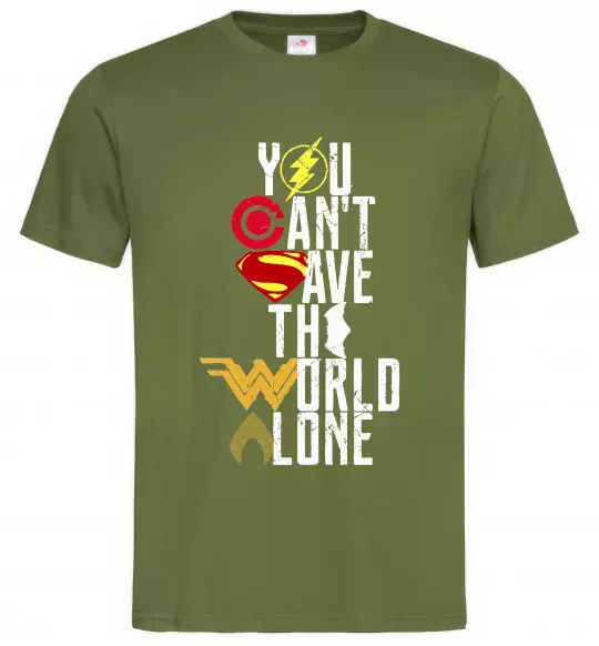 Мужская футболка You can`t save the world alone Оливковый фото