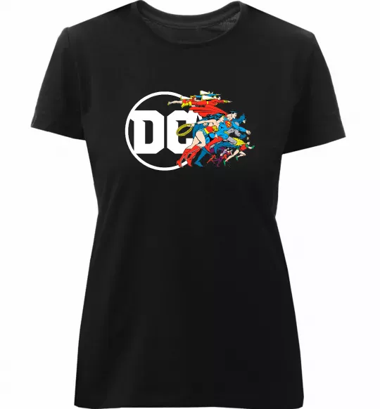 Женская премиум футболка DC ліга справедливості Черный фото