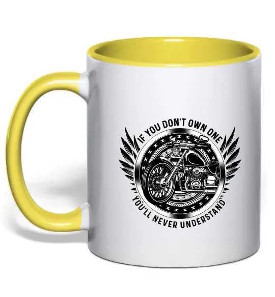 Чашка с цветной ручкой Biker You`ll never understand Лимонный фото