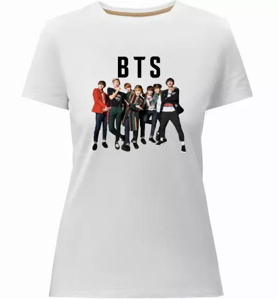 Жіноча преміум футболка BTS фото та назва Білий фото