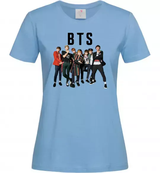 Жіноча футболка BTS фото та назва Блакитний фото