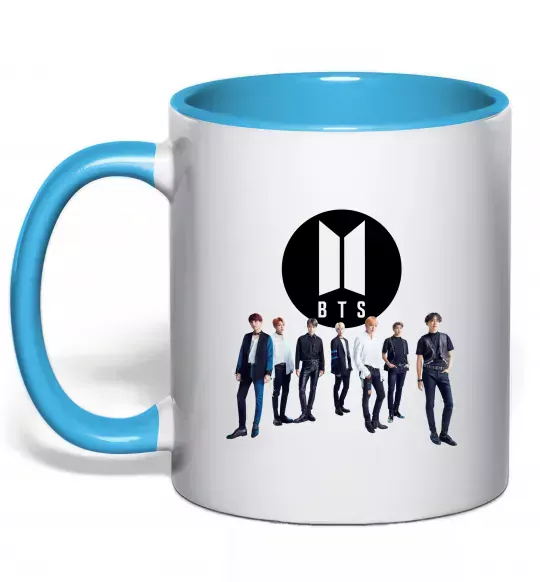 Чашка з кольоровою ручкою BTS лого та виконавці Блакитний фото