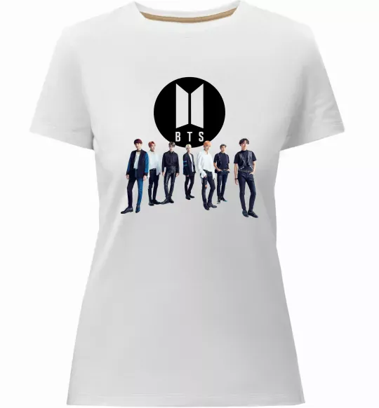 Жіноча преміум футболка BTS лого та виконавці Білий фото