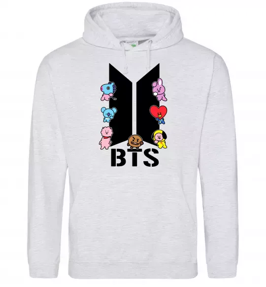 Женская толстовка (худи) BTS logo з намальованими тваринками Серый меланж фото
