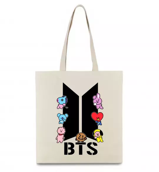 Эко-сумка BTS logo з намальованими тваринками Бежевый фото