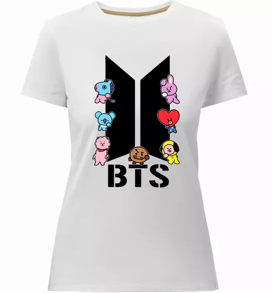 Жіноча преміум футболка BTS logo з намальованими тваринками Білий фото